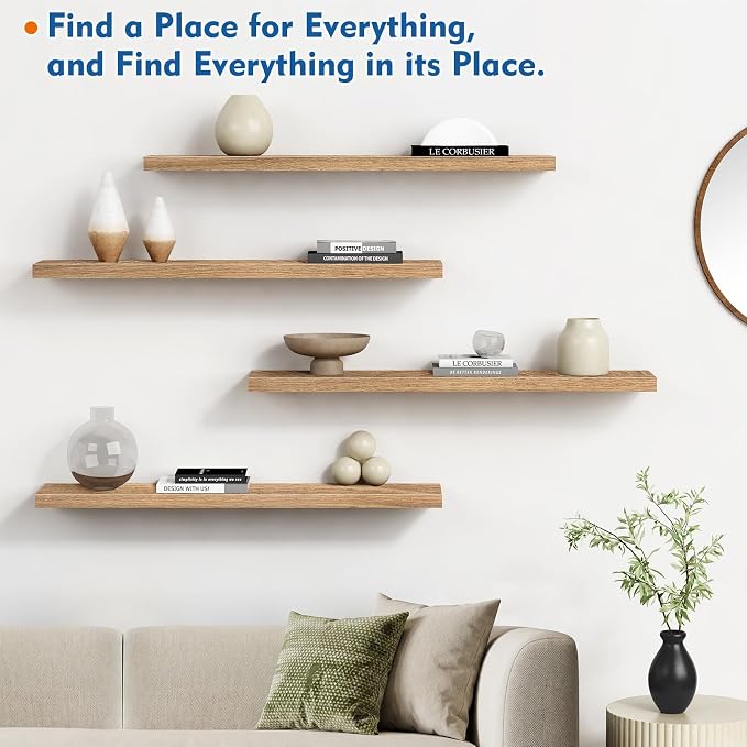 Harwaya Light Wood Floating Shelves for Wall 36 Inch x 8 Deep, Extra Large Wall Shelf for Bedroom Living Room Books, Long Hanging Shelves for Office Bookshelf Art Decor (Light Brown Color, Set of 2)