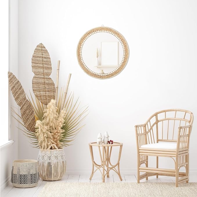 18 Inch Boho Round Hanging Wall Mirror Decorative Rattan Circle Mirrors for Farmhouse, Living Room, Bedroom