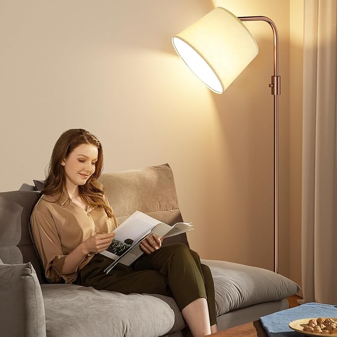Ambimall Fully Dimmable Floor Lamp with 9W LED Bulb, Standing Lamp for Living Room with Adjustable Head, Modern Tall Light with Rotary Switch for Office, Brown and Beige