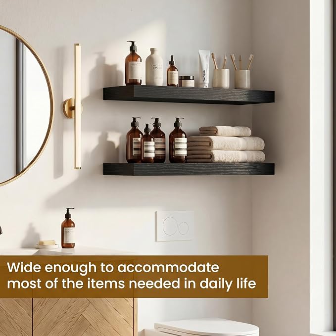 Dreamland 18" Floating Shelves, Rustic Wooden Black Wall Shelves for Bathroom|Bedroom|Kitchen, Deep Wall Mounted Book Shelf, Wood Storage Display Shelf for Home Decor, Set of 2