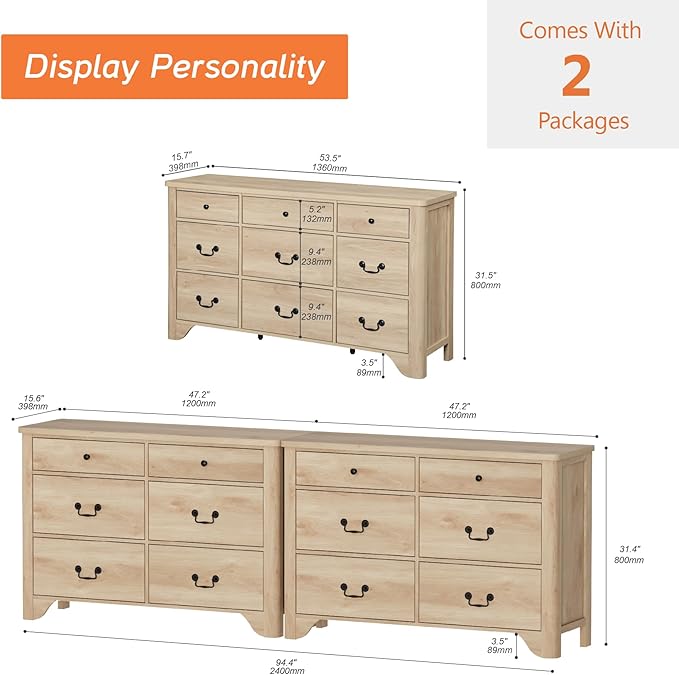 WAMPAT 12 Drawer Dresser, 94.5“ W Farmhouse Dresser TV Stand with Large Drawers, Rustic Wood Wide Chest of Drawers for Closet, Wood Dressers for Bedroom, Living Room, Hallway, Oak