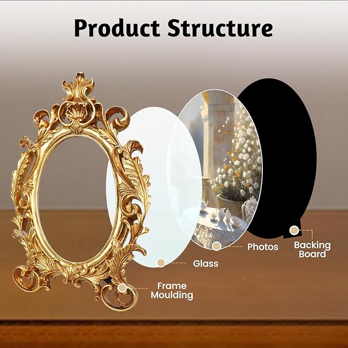 Oval Photo Frame 4x6, Gold Vintage Resin Picture Frames with Glass Cover, Antique Picture Frame for Living Room, Retro Handmade Photo Frames for Tabletop or Wall Hanging, Pictures Display Frames Art