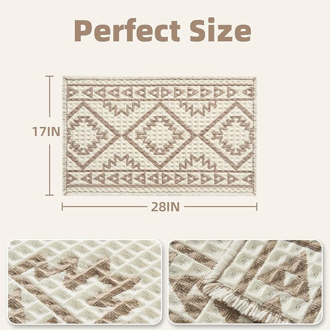 PADOOR-Waffle Bath Mat-Super Absorbent Bath Mats for Bathroom, Machine Washable Non Slip Bathroom Rug with Tassels, Soft Bathroom Mat for Laundry Room, Bedroom,Cream & Brown 17"x28"