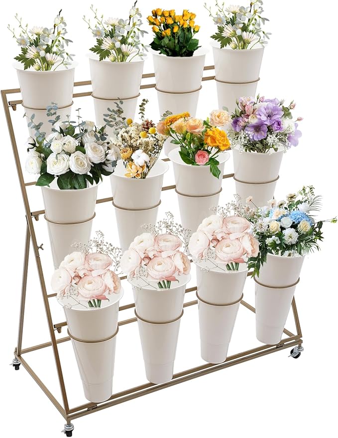 Flower Display Stand with 12 Buckets, 3 Layer Metal Plant Stand Indoor with Wheels, Heavy Duty Moving Flower Cart Flower Rack for Outdoor Patio, Garden, Florist