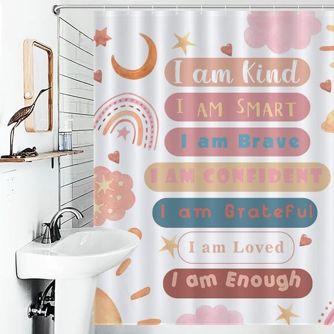 Rainbow Shower Curtain, Pink Boho Cute Inspirational Motivational Quotes Rainbow Colorful Pastel Waterproof Fabric Bathroom Shower Curtain for Baby Kids Girls Set with Hooks, 72"x84" Inch