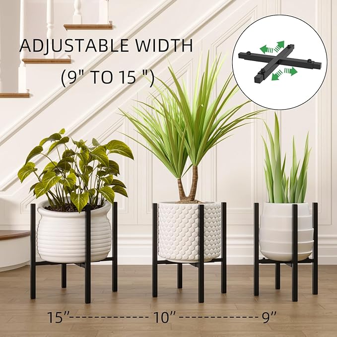 Adjustable Metal Plant Stand Indoor, Fits 9-15 Inch Pots, Mid Century Modern Gold Planter Holder,2 Heights, Heavy Duty 160 lb, Indoor Outdoor Corner Floor Pot Stand, Black