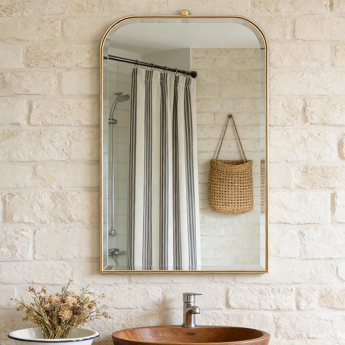 POZINO Brushed Gold Beveled Mirror, 24"x38" Arched Vanity Mirror Over Sink, Rounded Rectangle Mirrors with Stainless Steel Frame, Brass Oblong Mirrors for Bathroom Bedroom Living Room Entryway
