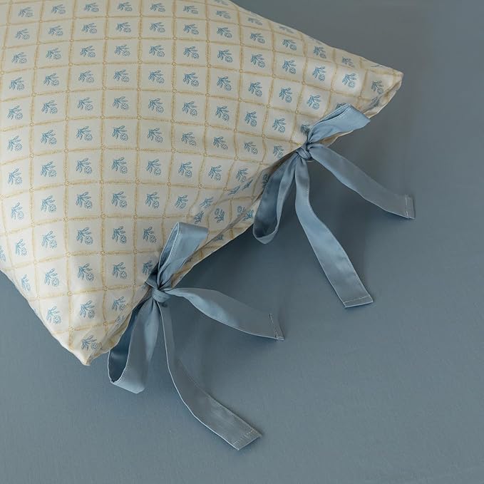 VM VOUGEMARKET White Blue Comforter Set Queen with Flower Plaid Prints,3 Pieces Cottagecore Bedding Set,Aesthetic 1 Comforter with 2 Bowknot Pillowcases for Girls Women 90x90 Inch