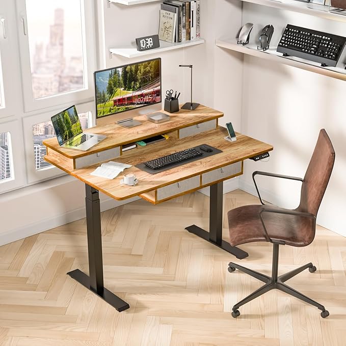 Kingant Standing Desk with Fast Charging USB Ports, 48" x 30" Height Adjustable Home Office & Gaming Desk, Sit Stand Desk with Built-in Storage Shelf, Hook & Ergonomic Design(Light Rustic)