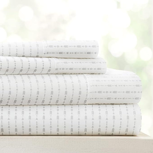 Linen Market Double-Brushed Patterned Microfiber Full Sheet Set 4 Piece – Oeko-TEX Certified Ultra Soft & Wrinkle-Free - 16" Deep Pocket Sheets - Easy Care Full Size - Beaded Arrows Light Gray