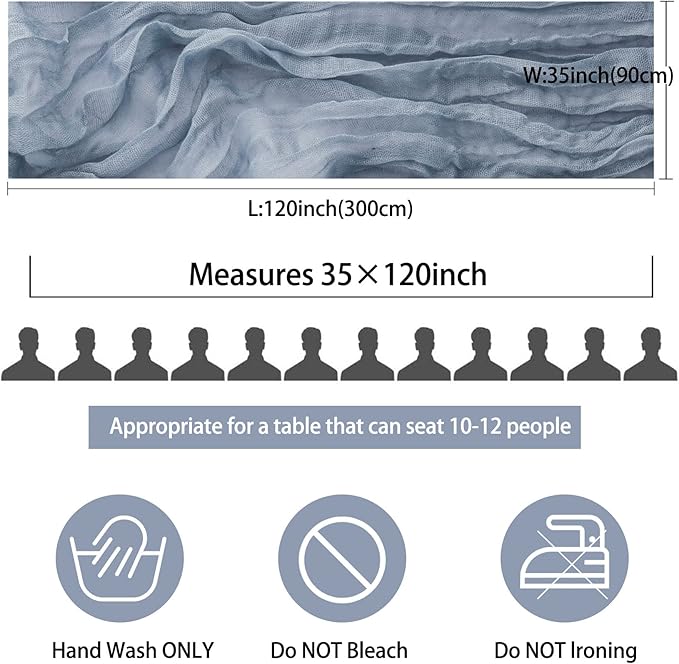 12 Pack 10Ft Cheesecloth Table Runner 35x120 Inch Boho Gauze Table Runner Rustic Cheese Cloth Long Romantic Table Runners for Wedding Bridal Shower Birthday Party Table Decor (Dusty Blue)
