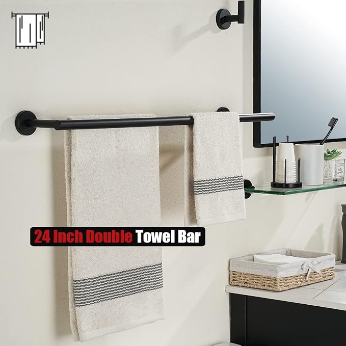 JQK Double Towel Bar 27 Inch, Matte Black Useable Length 24 Inch 304 Stainless Steel Thicken 0.8mm Bath Towel Rack for Bathroom, Towel Holder Wall Mount, TB100L24-PB