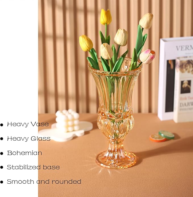 11.6" High Amber Glass Vase, Art Plant Flower Vase. Decorative for Home Office Wedding Holiday Party Celebrate Centerpiece Decor