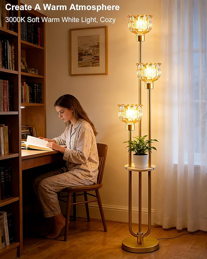 Lightdot Glass Floor Lamp for Living Room 3-Lights Modern Gold Floor Lamp with Amber Glass Shade 3000K Bulbs Included Unique Tall Standing Lamp with 5Lb Heavy Base for Bedroom/Sofa Beside/Corner Decor