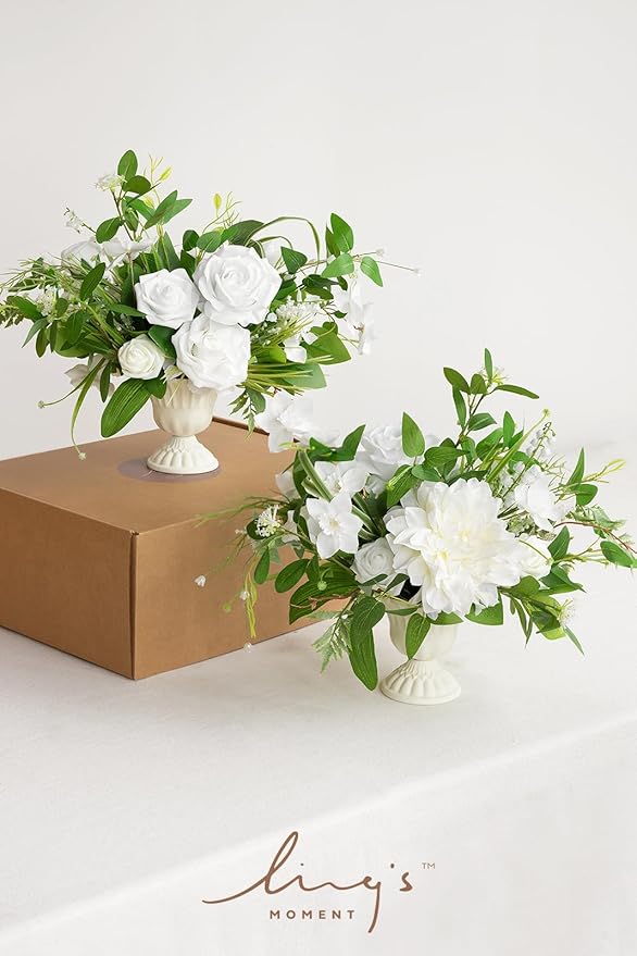 Ling's moment Green White Artificial Flowers with Vase Wedding Table Decor Bouquet Centerpiece Flower Potted for Ceremony Reception Desk Flowers Mantel Archway Aisle, Set of 2