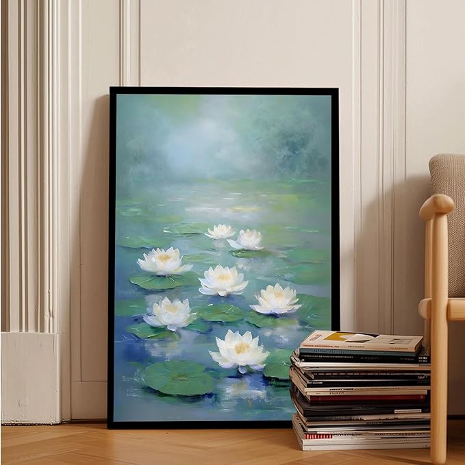 Zen wall art Delicate white lotus flower floating on calm water Vintage oil painting print Serene aquatic wall art creates a tranquil home decor 12x18in Metal blackFramed