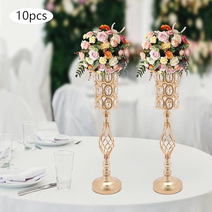 10 PCS Gold Wedding Centerpiece Vases, 24.02in Metal Crystal Wedding Centerpiece Vases, Crystal Metal Flower Vase Stand, for Wedding Party Reception, Dining Room Living Room Décor