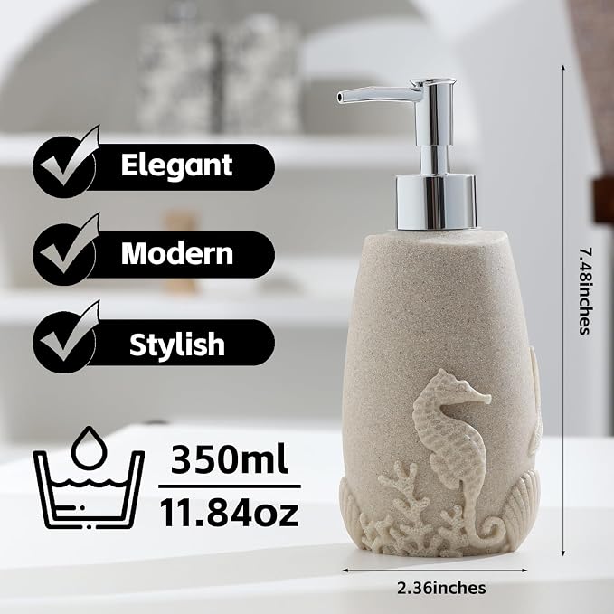 Soap Dispensers 350mL 11OZ, 2 PCS Luxurious Ocean Hand Dish Lotion Shampoo Soap Dispenser Jar, Sea Shell Soap Pump Bottles for Kitchen Bathroom Countertop Beige