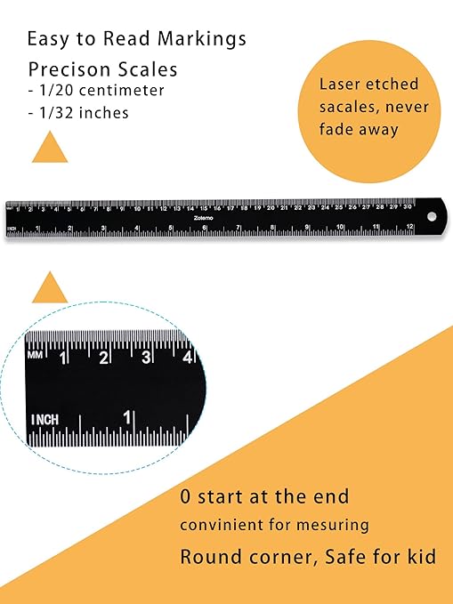 Zotemo Metal Ruler 12 Inch, Metric Ruler Dual Scale with Laser Etched Measurement, 2 Pack Easy to Read Aluminum Straight Edge with Inch to Millimetre Conversion Table for Office Back to School Student