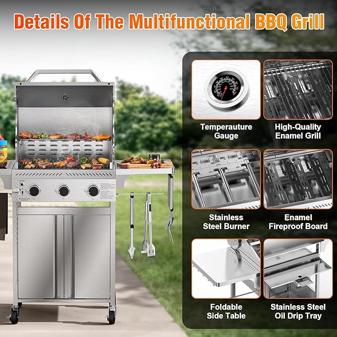 Electactic Propane Gas Grill, 3-Burner 24,000 BTU Stainless Steel BBQ Grill with Foldable Shelf for Outdoor Barbecue and Cooking