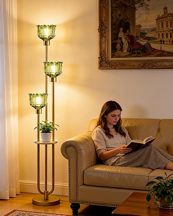 Lightdot Glass Floor Lamp for Living Room 3-Lights Modern Gold Floor Lamp with Green Glass Shade 3000K Bulbs Included Unique Tall Standing Lamp with 5Lb Heavy Base for Bedroom/Sofa Beside/Corner Decor