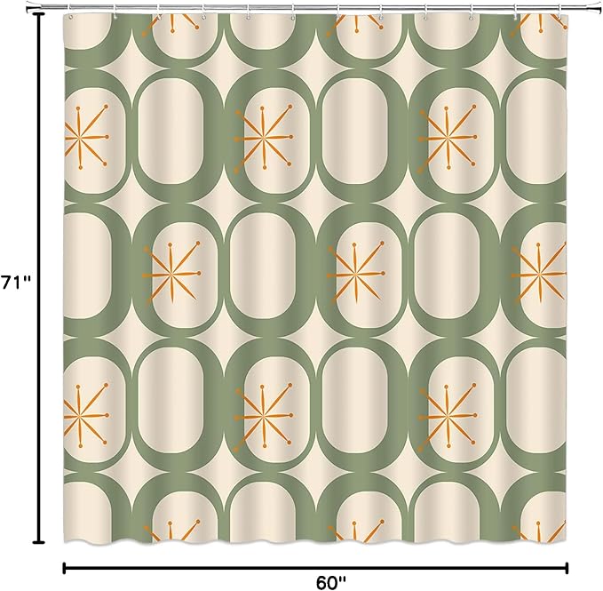 Mid Century Shower Curtain Modern Abstract Atomic Starbursts Squares Retro 50s Geometric Bathroom Decor Polyester Curtains with Hooks