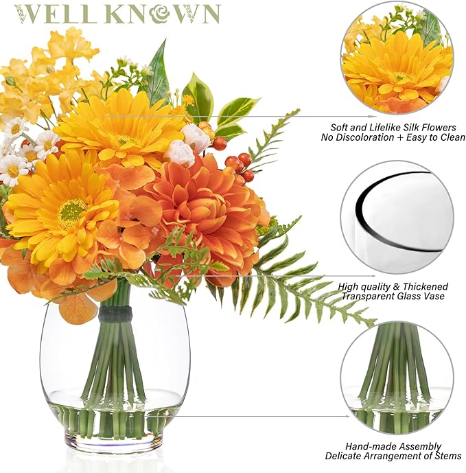 Fake Flowers in Vase with Fake Water, Realistic Faux Silk Dahlia & Gerbera Daisy Artificial Flower Arrangements for Fall Winter Home Wedding Thanksgiving Birthday Party Decor & Gift (Yellow & Orange)