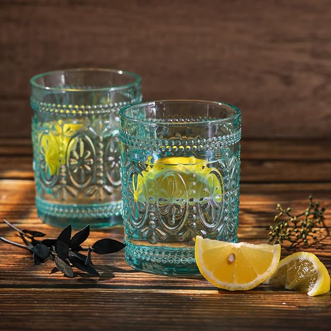 abrwyy Glassware set of 4, Vintage Drinking Glasses, 10oz Heavy Duty Glass Cups, Colored Glassware Set, Embossed Glasses Set for Party Wedding Home Office Glassesware Gift