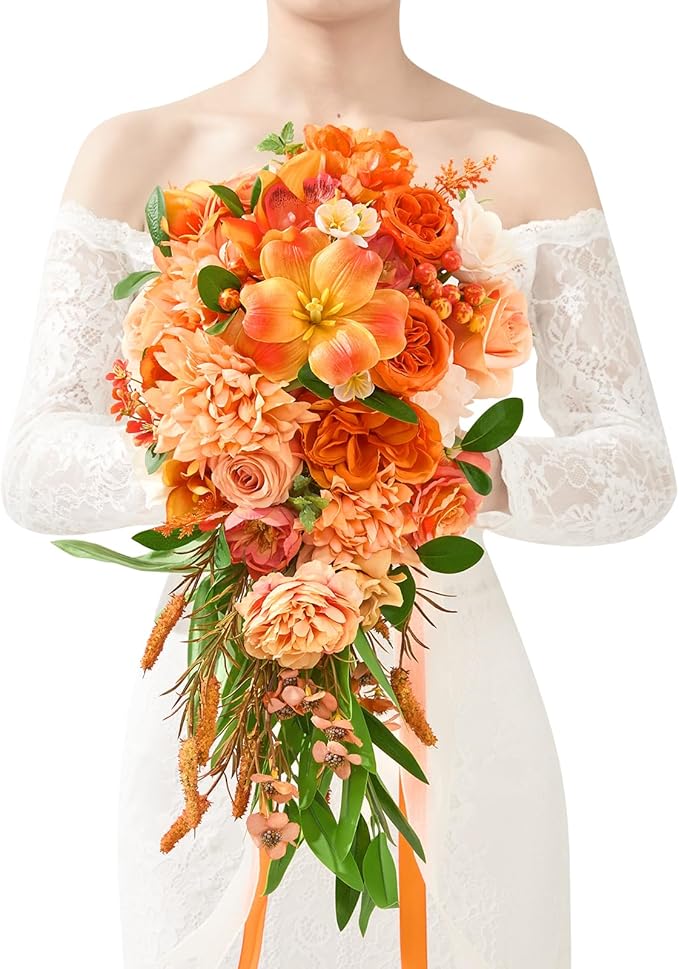 Serwalin 11 Inch Wedding Bouquets for Bride Bridesmaid,Fall Cascading Orange Bridal Bouquets for Bride,Wedding Ceremony and Anniversary Day Decor