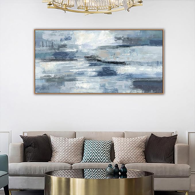 Indigo Framed Wall Art Abstract Ocean Canvas Pictures Blue White Grey Painting Vintage Wall Decor Modern Artwork Prints for Living Room Bedroom Bathroom Office Home Decoration Ready to Hang 29"x58"
