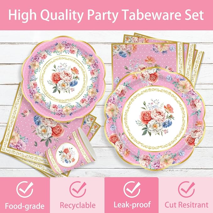 140Pcs Tea Party Decorations Tableware Set Floral Plates and Napkins for Birthday Party, Baby Showers, Bridal Showers, Wedding Bachelorette Party Supplies Floral Tea Party Plates, Serves 20 (Pink)