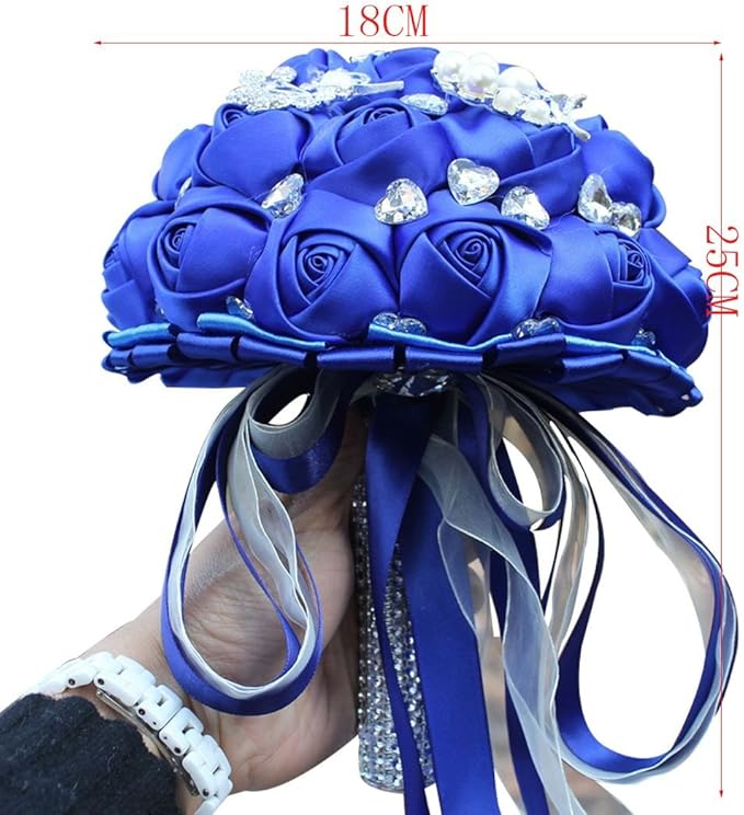 S_SSOY Customizable Romantic Wedding Bouquets Silk Flowers Bridal Holding Roses Bride Bridesmaid Brooch Bouquet with Pearl Diamond Crystal Ribbon Valentine's Day with Free Corsage (Blue)