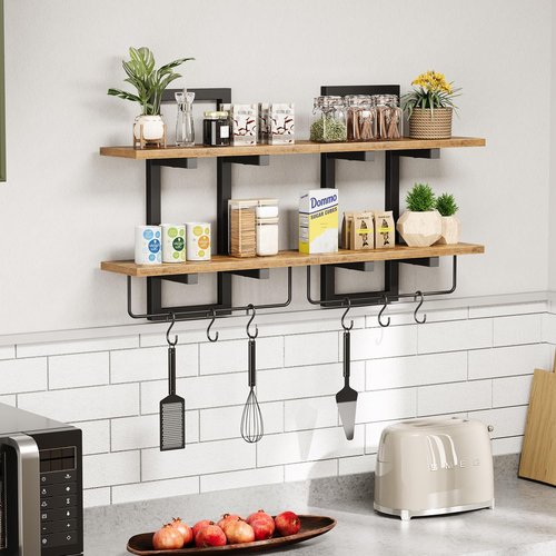 Creso Hom Floating Wall Shelves - Set of 2 Wooden Shelves with 6 Hooks | Rustic Brown for Home Decor