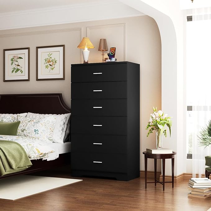 48" Tall Dresser for Bedroom Chest of Drawers with Power Outlets Wood 6 Drawers Dresser with Large Storage Space and Metal Handles Modern Closet Storage Drawer for Living Room Hallway Black