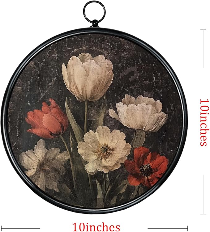 XIAOAIKA Round Vintage Wall Hanging Decor, Printed Textured Surface with Wood Back, Red and White Tulips Design, Black Metal Frame, Ready to Hang for Living Room Bedroom, 10 Inch