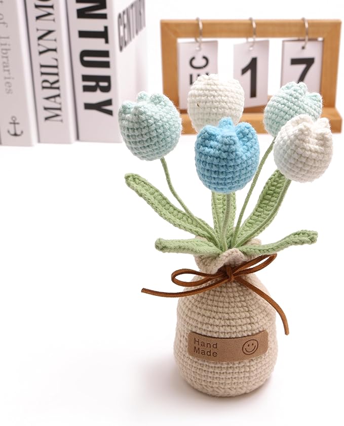 Crocheted Tulips, Hand-Woven Potted Plants, Permanent Tulips, Used for Creative DIY Table Decoration, Birthday Gift ，Graduation Ceremony, Christmas and Thanksgiving (5 Flowers-Blue)