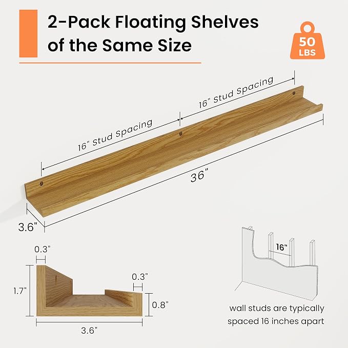 RICHFOCUS Picture Ledge Shelf, 36 inch Floating Shelves Set of 2, Wood Wall Shelves with Lip, Wall Decor Storage for Bedroom Living Room Bathroom Kitchen Nursery Photo Picture, Oak