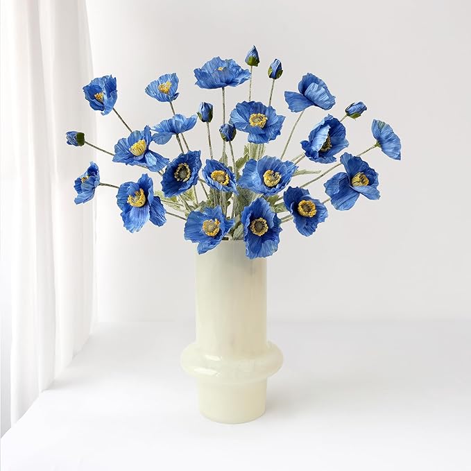 6PCS Dark Blue Faux Poppies Artificial Poppy Flowers with Realistic Silk Long Stems for Table Office Centerpiece Outdoor Indoor Cemetery