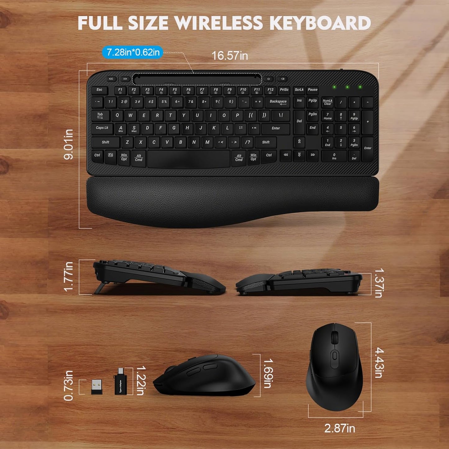 Skiennix Wireless Keyboard and Mouse Combo - Ergonomic Full-Sized Design with Cushioned Palm Rest | 2.4G Cordless for PC, Laptop, Mac