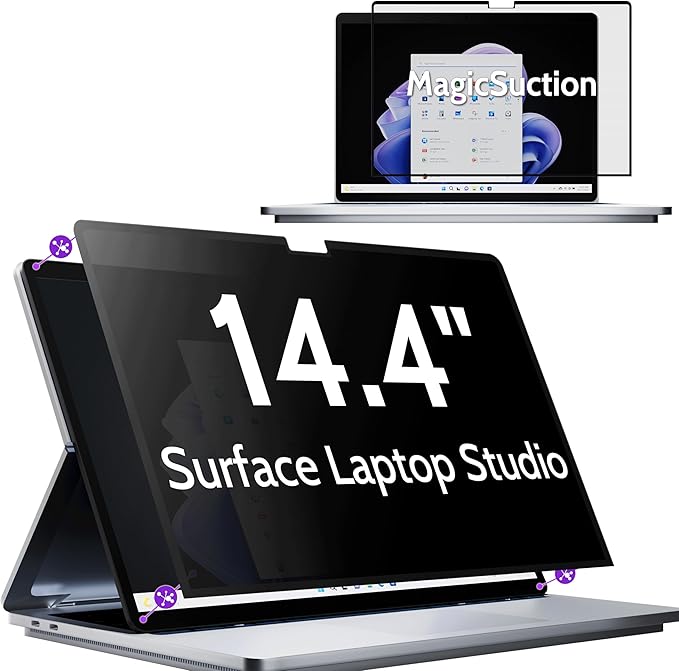 Peslv Privacy Screen for 14.4 Inch Surface Laptop Studio 2/1, MagicSuction™ Removable Anti Spy Black Protector, Glare Blue Light Filter for Microsoft Laptop Computer Monitor
