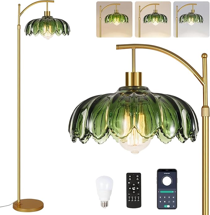 Glass Floor Lamp for Living Room,Bedroom,Mid Century Modern Standing Lamp with Remote,Dimmable Gold Tall Lamp Green Vintage Retro Arc Flower Floor Light Boho Bohemian
