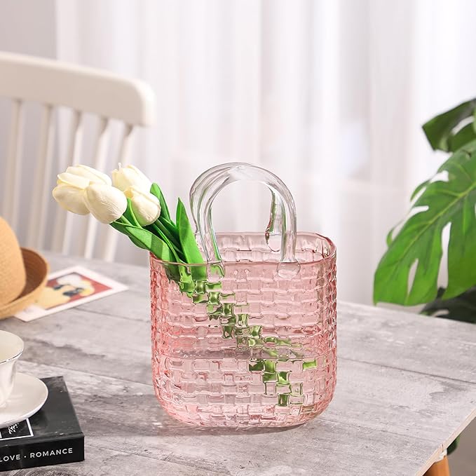 Glass Purse Vase for Flowers, Pink Purse Flower Vase, Large Glass Bag Vases, 10 Inch Handbag Shaped Vases for Home, Living Room, Bedroom, Table, Office Decor