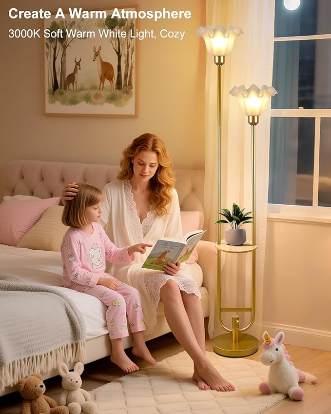 Flower Floor Lamps with Table, 2-Lights Dimmable Floral Floor Lamp, 3000K Warmwhite Modern Floor Lamp, Vintage Gold Standing Lamp with 5Lbs Heavy Base for Living Room Bedroom Girls Room
