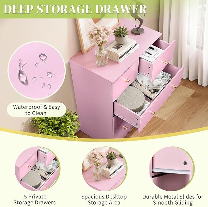 Karl home Pink 5 Drawer Dresser for Bedroom, Tall Dresser Chest of Drawers, Rustic Wood Bedroom Dressers Clothes Organizer, Anti-Tipping Device, Rose Gold Metal Handle, Living Room, Entryway, Office