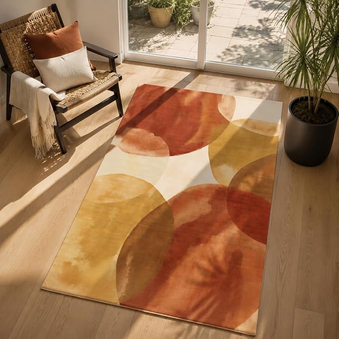 GraceSway 3x5 Area Rug, Modern Abstract Watercolor Rug in Rust Orange and Mustard Yellow, Faux Cashmere Ultra Soft Short Pile, Machine Washable, Non-Slip, for Living Room, Bedroom