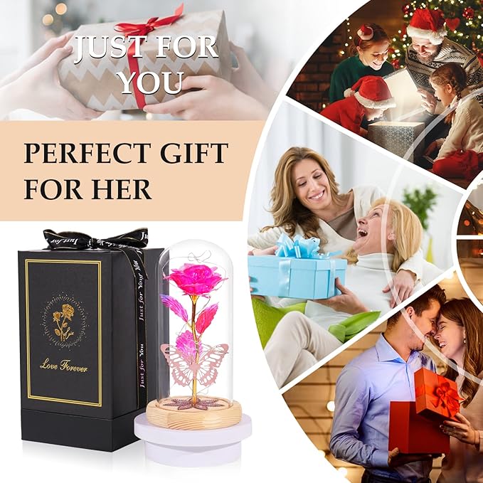 Beferr Christmas Birthday Gifts for Women, Mom Gifts for Christmas Galaxy Glass Rose Forever Preserved Flowers for Delivery Prime Rose in Glass Dome Xmas Gifts for Grandma Wife Sister Her, Pink