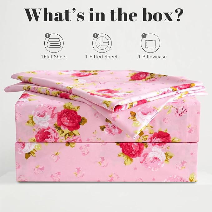 Bedlifes Twin Sheet Set Ultra Soft, Breathable, Silky Flower Deep Pocket 100% Microfiber Bedding, 3 Piece Twin Size Pink Floral(Red Rose)