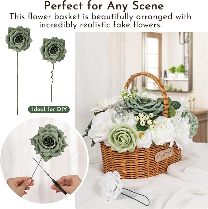 Artificial Flowers Combo Box Set Fake Flowers Dahlia White Roses Green Leaf with Stems for DIY Wedding Bouquets Baby Shower Party Home Decoration