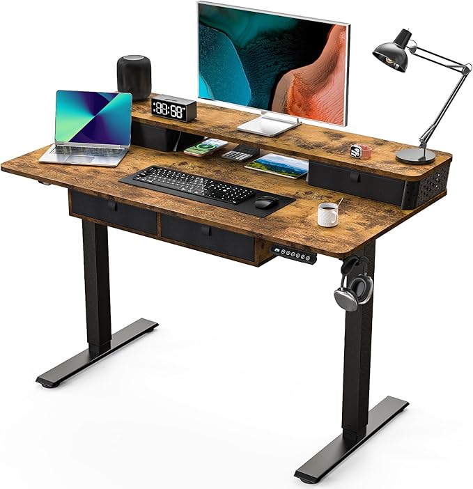 Electric Standing Desk with 4 Drawers 48''x 24'' Adjustable Height Sit to Stand Up Desk with Storage Shelf, C-Clamp Mount Compatible Black Home Office Desks Computer Gaming Table Ergonomic Workstation