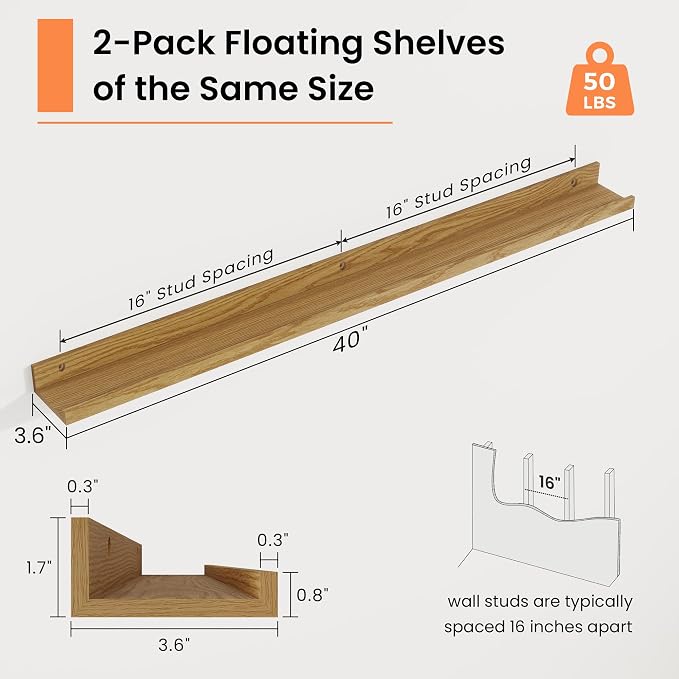 RICHFOCUS Picture Ledge Shelf, 40 inch Floating Shelves Set of 2, Wood Wall Shelves with Lip, Wall Decor Storage for Bedroom Living Room Bathroom Kitchen Nursery Photo Picture, Oak